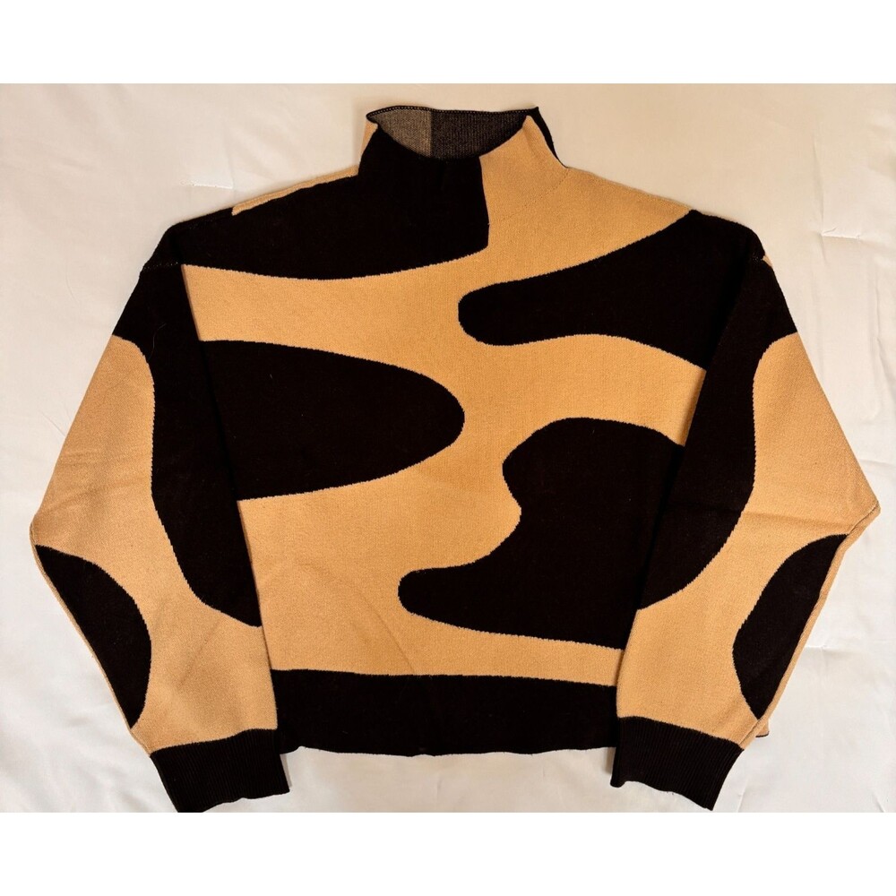 CIDER Black Tan Abstract Colorblock Mock Neck Sweater M Modern Graphic